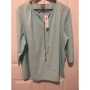 Chico's Tunic Blouse Women's Aqua Blue Neck‎ Size 3 XL Tassels Lightweight Top